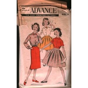 Vintage Advance Sewing Pattern 9185 Girls Blouse Slim Full Skirt Size 14 1950s